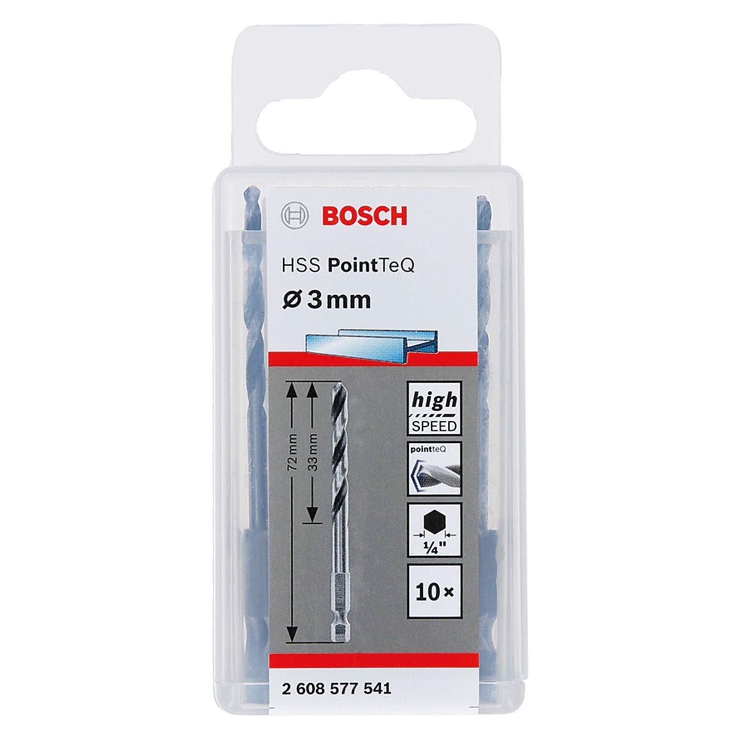 Bosch Professional 10pc PointTeQ Hex Drill Bit (for Metal, Ø: 3.0 mm, Total Length: 72 mm, ¼’’ Hex Shank, Accessory for Impact Drivers and Drill Drivers)