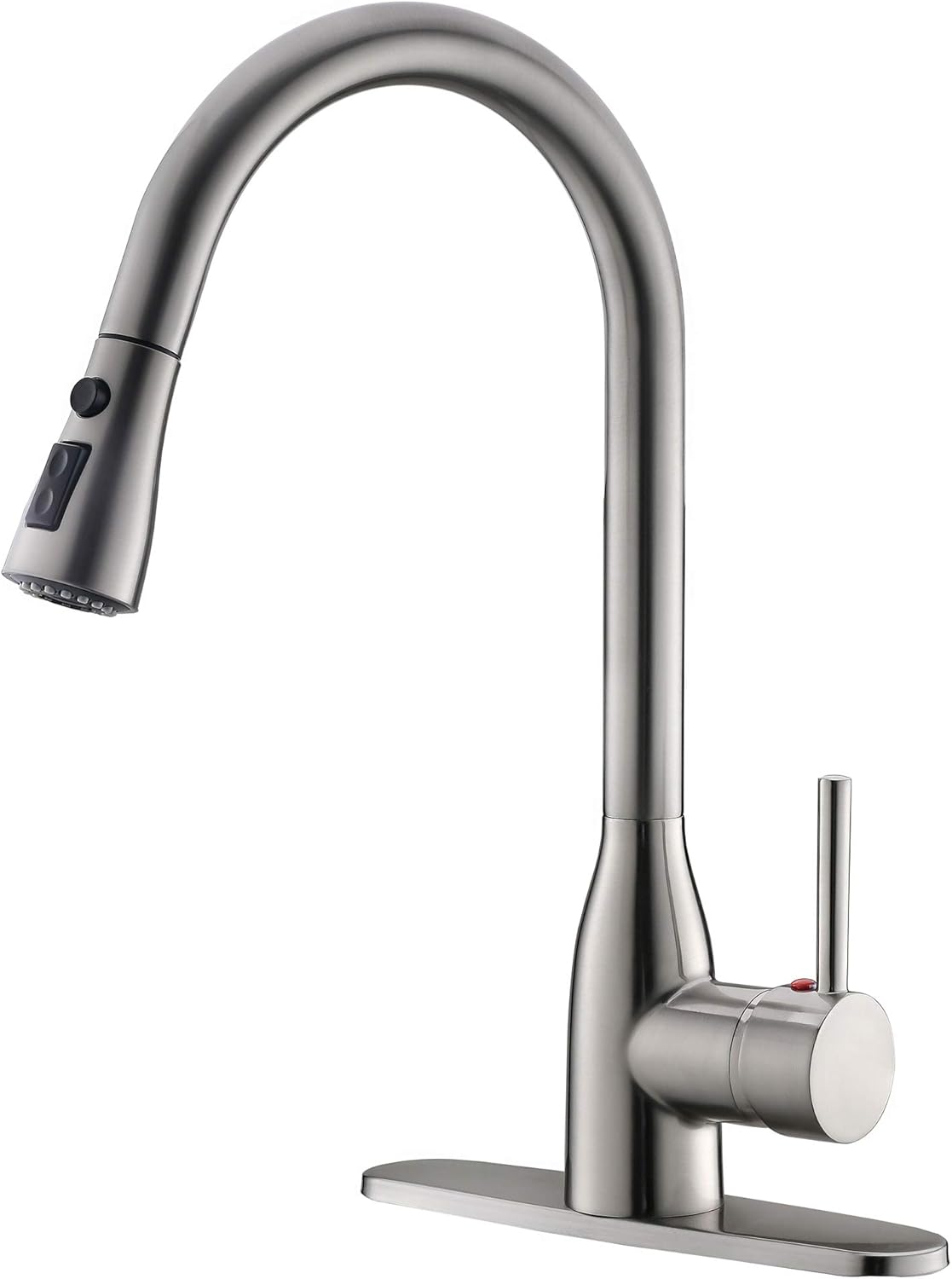 Ufaucet Modern Commercial Lead-Free Solid Brass Single Lever Pause Botton Pull Out Sprayer Brushed Nickel Kitchen Faucet, Kitchen Sink Faucet with Deck Plate - - 