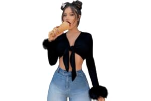 JUMISEE Women Sexy Tie Up Feather Cuff Crop Top Deep V Neck Long Sleeve Shirt Faux Fur Wrapped Blouse