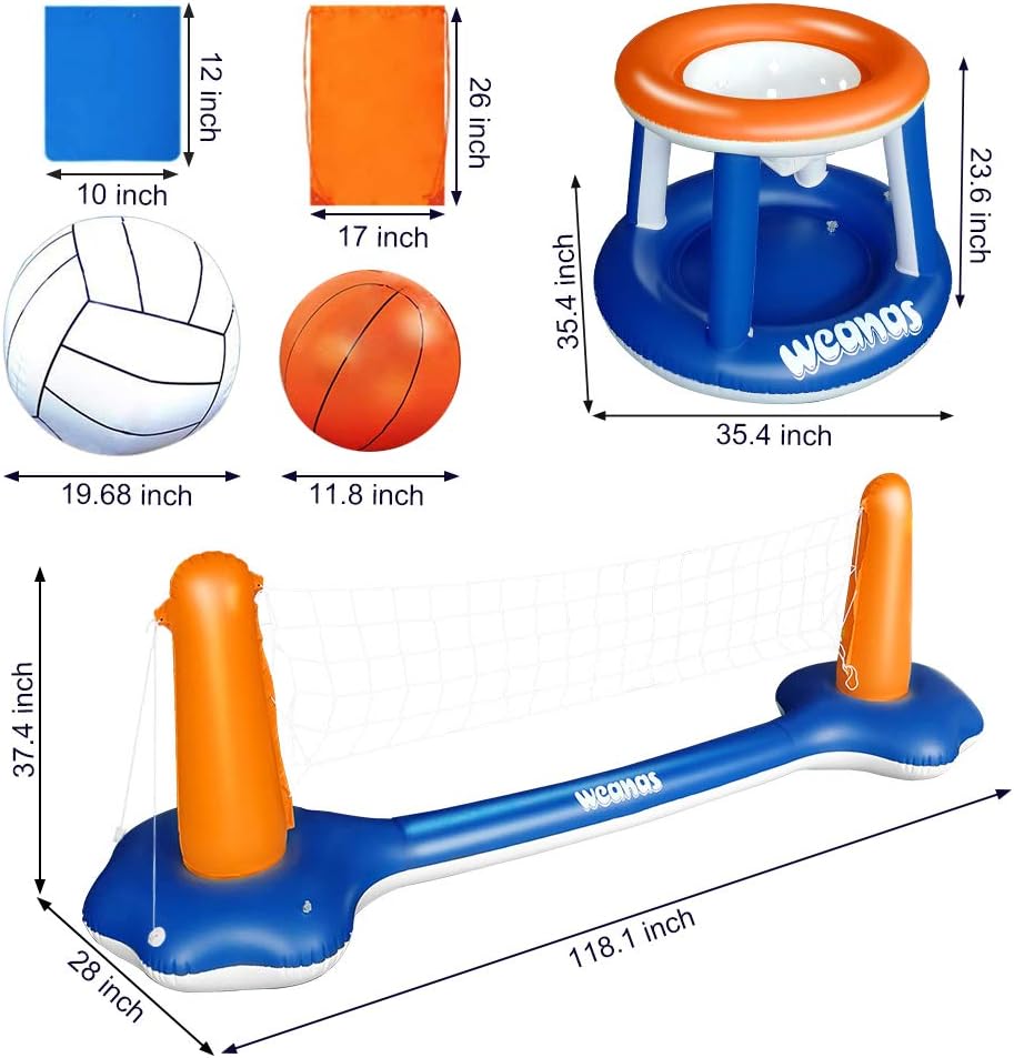 Weanas Floating Volleyball Set, Inflatable Pool Float Set Volleyball Net & Basketball Hoops Pool Swimming Game Toys for Kids and Adults: Sports & Outdoors