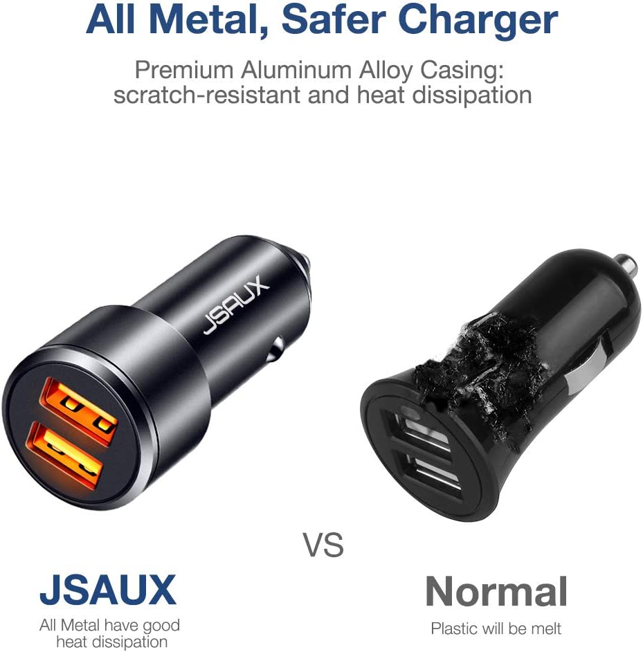 Car Charger, JSAUX Quick Charge 3.0 3A Dual USB Ports 36W Fast Car Adapter Metal Compatible with Samsung Galaxy S10 S9 S8 S20 Plus Note 10 9 8 S7, iPhone Xs Max XR X 8 7 6, iPad, LG G6 V20, Moto Black