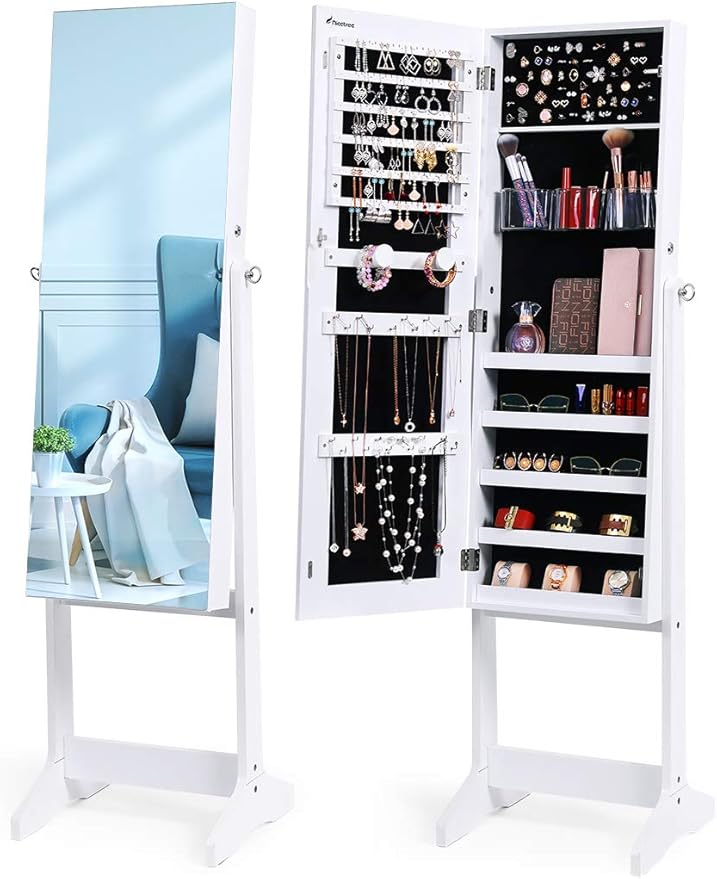 Nicetree Armoire à bijoux sur pied, Armoire de rangement, avec miroir
