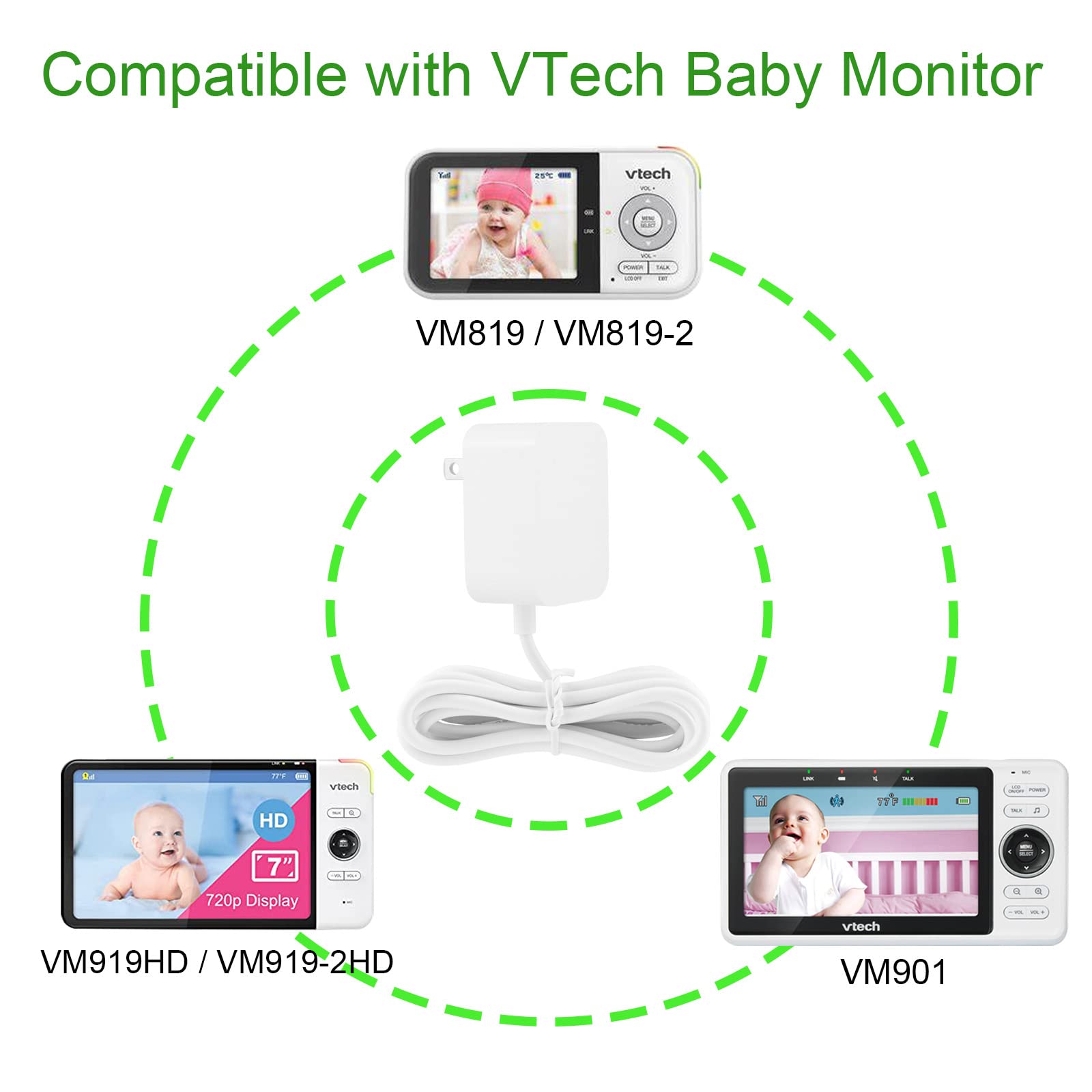 LEFXMOPHY Power Cord for VTech VM901 VM919HD VM919-2HD VM819 VM819-2 PU Baby Monitor Handheld Screen Parent Unit (Not for Baby Unit Cam) Replacement 5V White Charger UL Aadpter with 5ft Cable