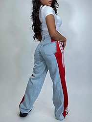 Angsuttc Womens Jeans with Patchwork Stripes High