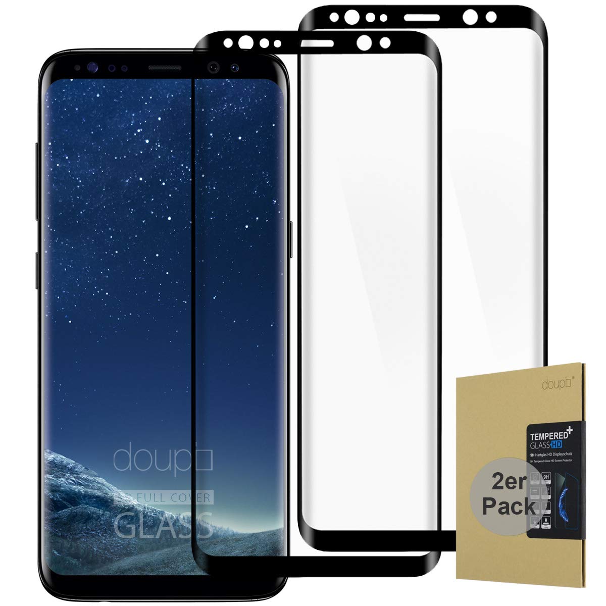 doupi 2X FullCover Screen Protector for Samsung Galaxy S8 Plus, Premium 9H HD Anti Scratch [3D Touch Supported] Tempered Glass Film, 2-Pack, black
