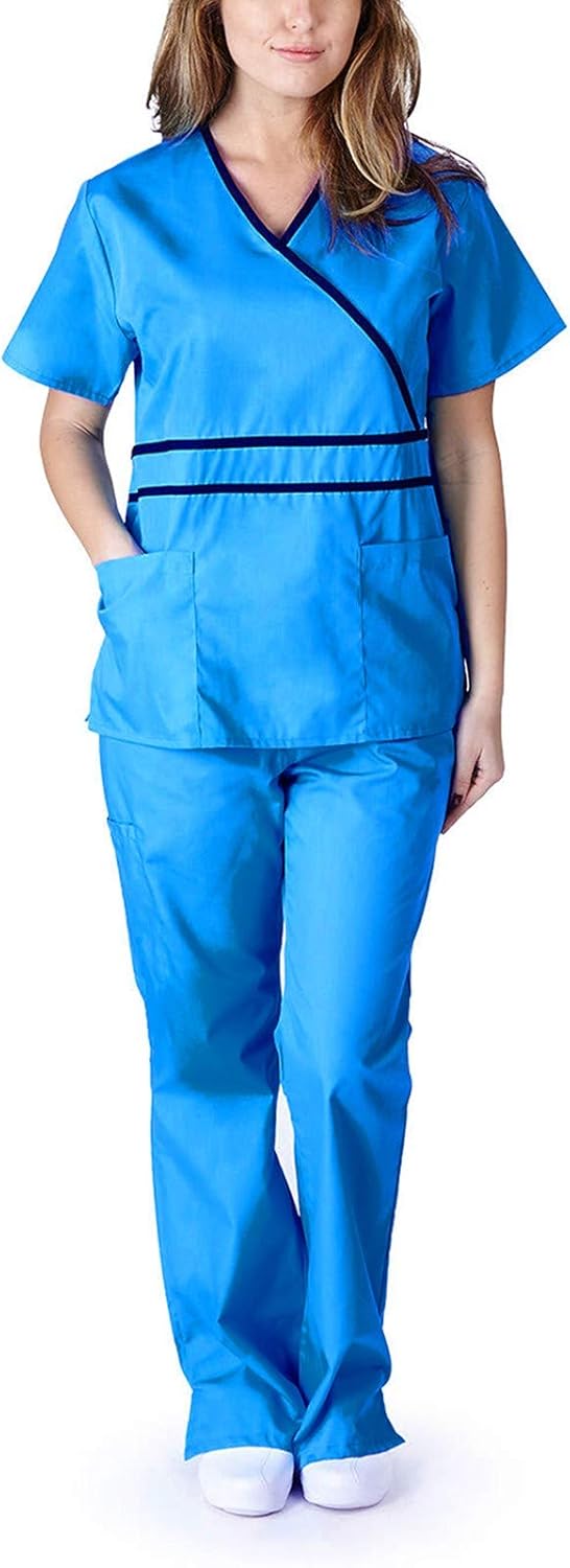 Mounter Women Nurses Scrub Set, Short Sleeve VNeck Scrub Shirt + Long Scrub Trousers,Unisex