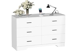 FJTJBSI Dresser with Power Outlets Wooden 6 Drawer Dresser with USB and Type C Port Chest of Drawers for Bedroom Tall White Storage Organizer for Living Room Hallway Closet