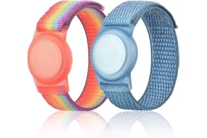 QONUIY Kids Wristband Compatible with Apple AirTag, Protective Case for Air Tag GPS Tracker Holder with Nylon Bracelet, Adjustable Anti Lost Watch Band for Toddler Child Elder(RainbowB&Blue)