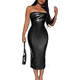 Sliot Women's Sexy Faux Leather Bodycon Dress - Strapless Tube Midi Dress for Evening Party, Cocktail, Wedding