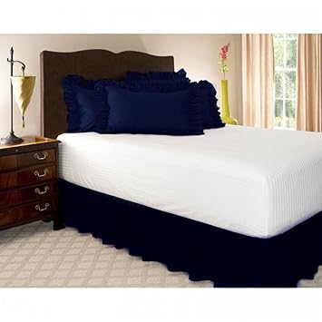 Leoie Solid Color Ruffle Wrap Around Elastic Bed Skirts Dressing Drop Bed Decoration Navy Blue 180 * 200 + 38cm