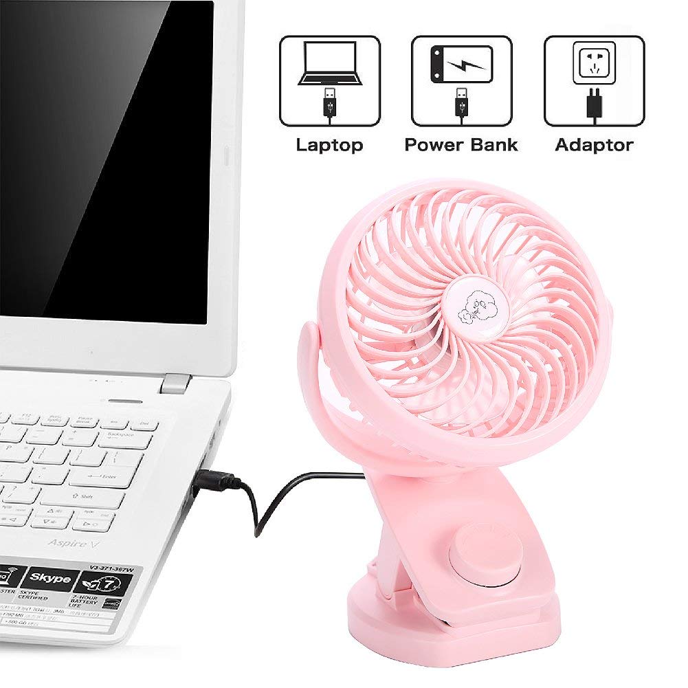 AUSEIN Ventilateur à Pince,Mini Ventilateur de Bureau avec Batterie Rechargeable, Ventilateur USB Silencieux à Rotation sur 360 ° pour la Maison, Les Voyages et Le Bureau (Rose)