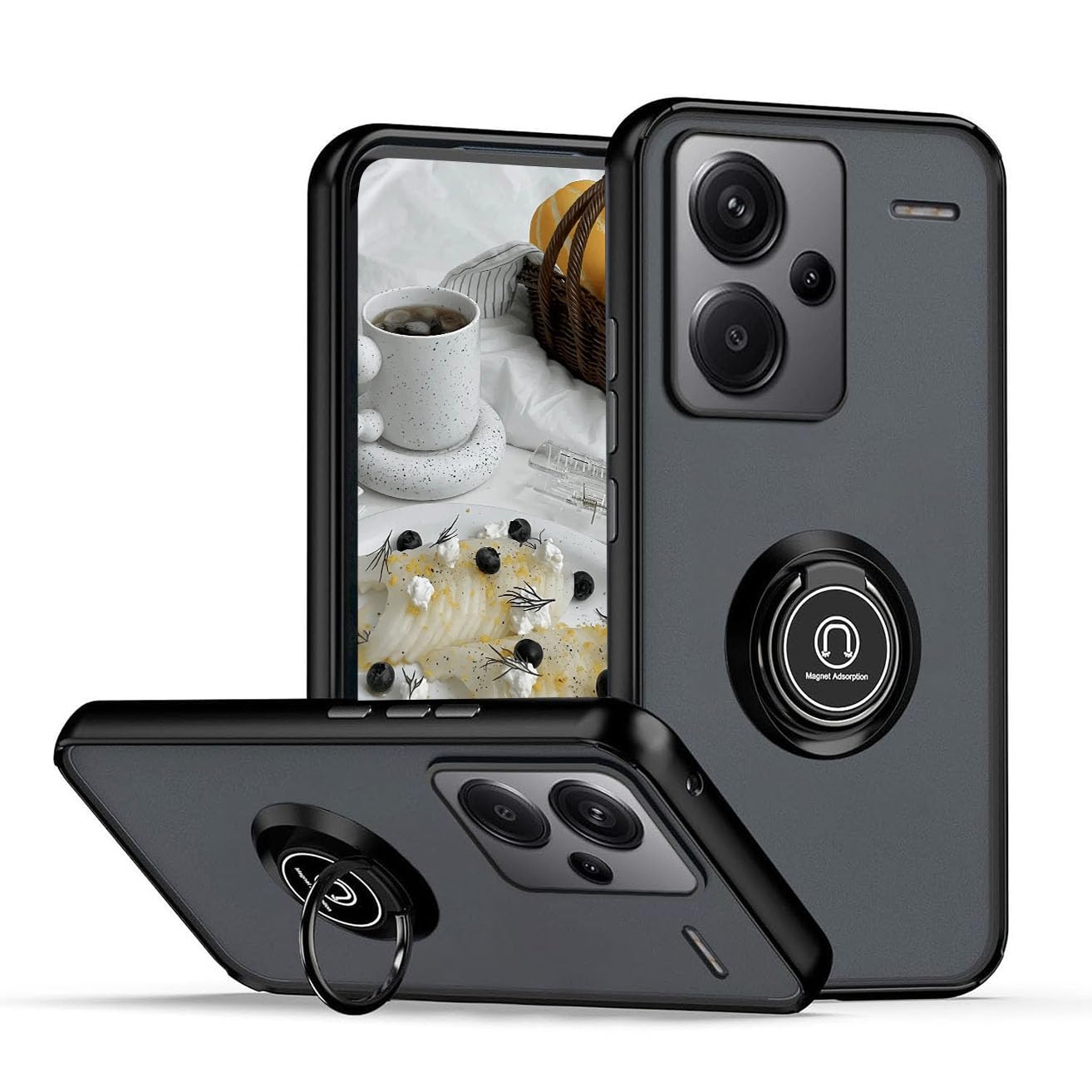 YUEQIAN Case for Xiaomi Redmi Note 13 Pro+ Plus 5G, 360°with Rotation Finger Ring Magnet Car Holder Shockproof Case, Matte Hard PC + soft TPU Dual Bumper Anti-Drop Cover, Black