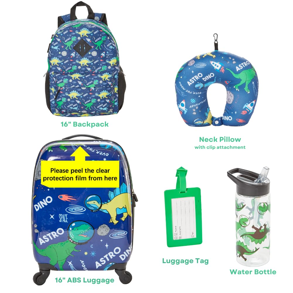 RALME 5 Pc. Boys’ Dinosaur Space Rolling Suitcase Set with Backpack, Neck Pillow, Water Bottle, and Luggage