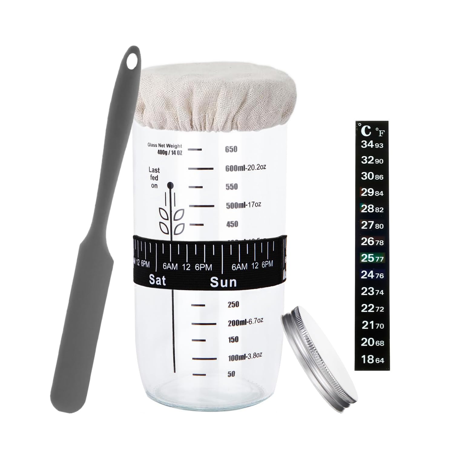 Hniuyun Sourdough Starter Kit with Thermometer & Scraper - 650ml Wide Mouth Glass Jar, Reusable Baking Supplies with Cloth Cover & Metal Lid