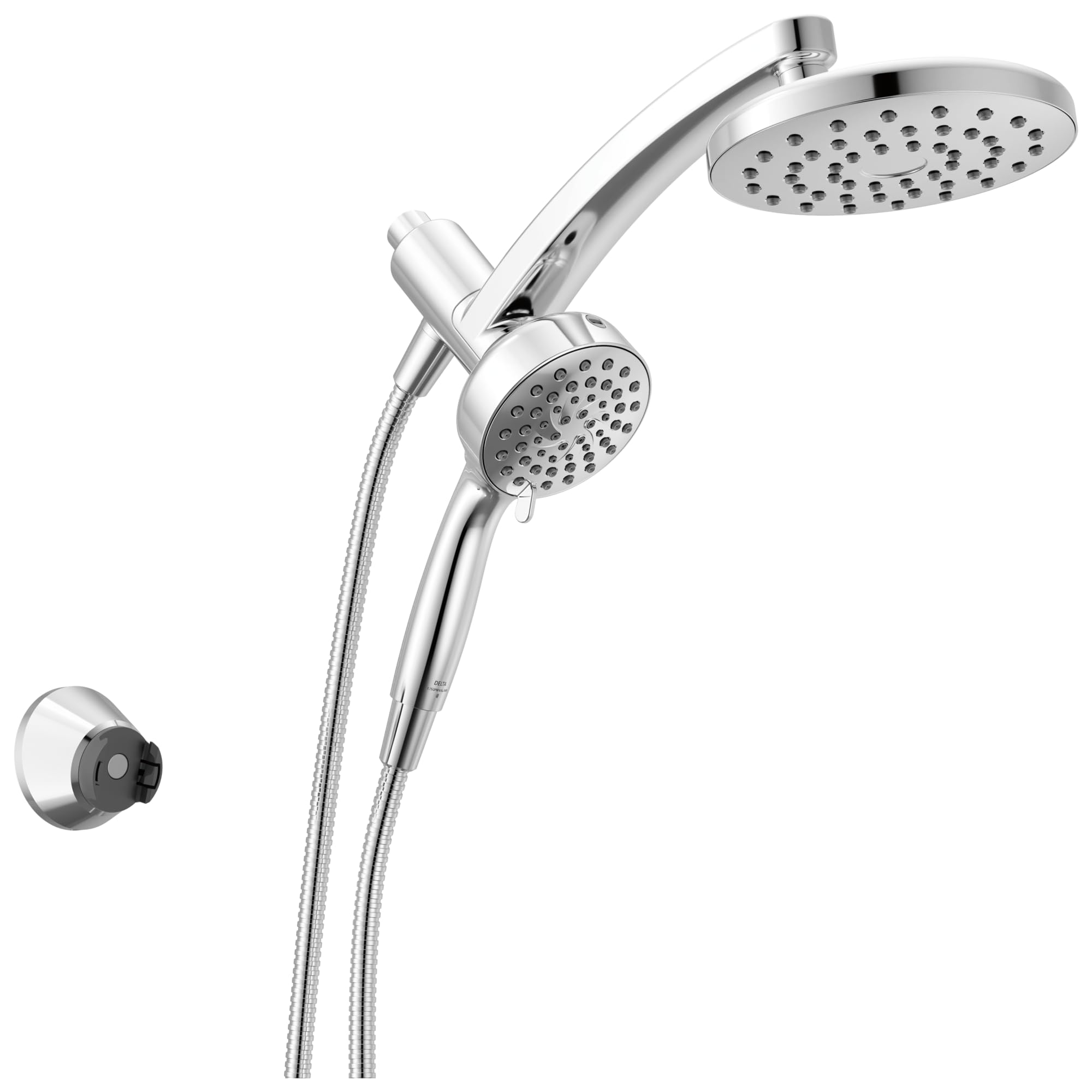 Photo 1 of Delta 6-Setting PivotPro 3-in-1 Combination Shower Head with ProClean Spray, Chrome Round Shower Head Rainfall with Handheld Spray, 1.75 GPM, Chrome 75649