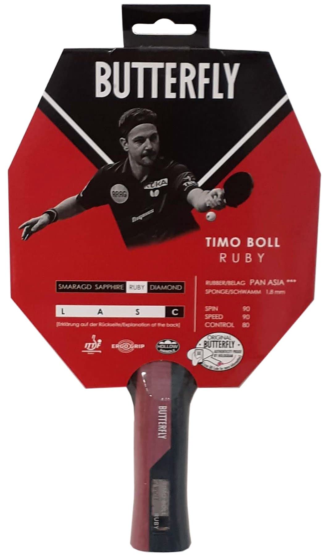 Butterfly Timo Boll Ruby Table Tennis Bat | ITTF Certified Pan Asia Rubber for Competition with 1.8 mm Sponge | for Amazing Club Players