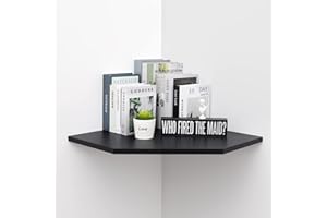 JOLLYMER 20-Inch Black Floating Corner Shelf, Pentagon Corner Wall Shelf with Wire Cable Hole for Bedroom, Living Room, Bathroom, Large Display Shelf for Cable Boxes/Games Consoles/TV Accessories