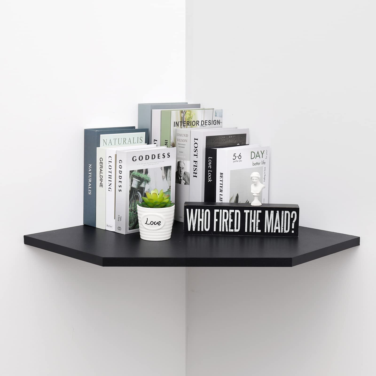 Photo 1 of **NO HARDWARE***JOLLYMER 20-Inch Black Floating Corner Shelf, Pentagon Corner Wall Shelf with Wire Cable Hole for Bedroom, Living Room, Bathroom, Large Display Shelf for Cable Boxes/Games Consoles/TV Accessories