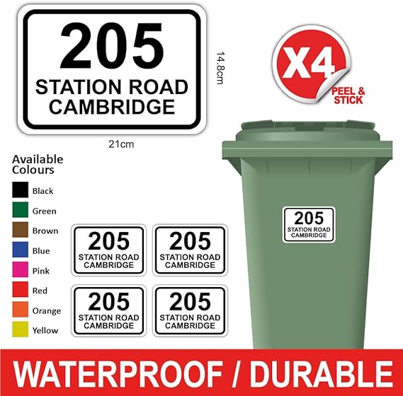Pack of 4 Personalised Printed Wheelie Bin Number Stickers with House