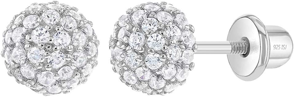 925 Sterling Silver Clear Round 6mm Cubic Zirconia Burst Screw Back Stud Earrings for Young Girls, Great Gift for Babies, Little Girls & Toddlers- Classic Little Ball Baby Earrings. Safety Screw Backs