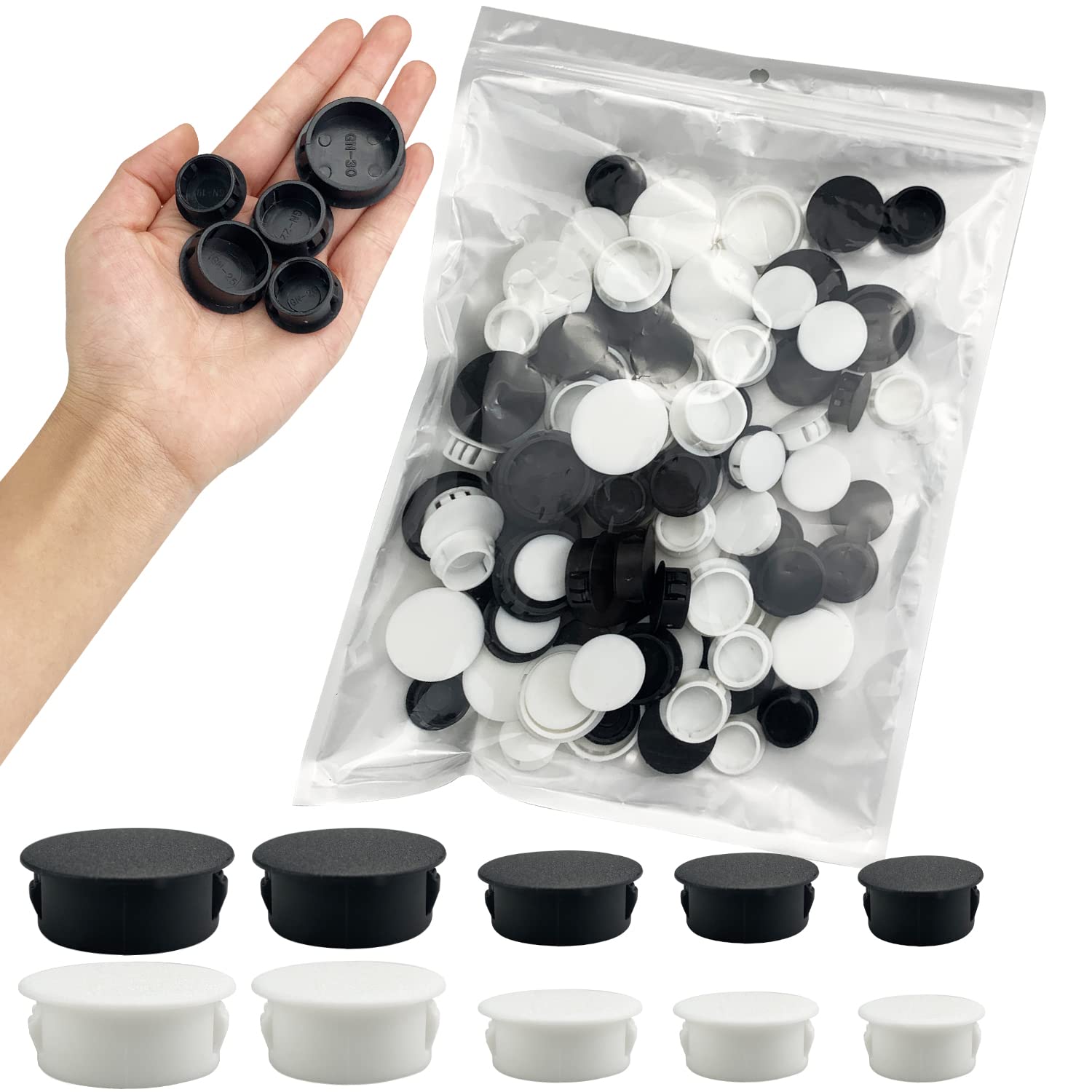120 Pcs Plastic Cabinet Hole Plugs, 5 Sizes 19/20/ 22/25 / 30 mm, Plastic Plugs Screw For Holes Furniture Plug (2 colour: White,Black)