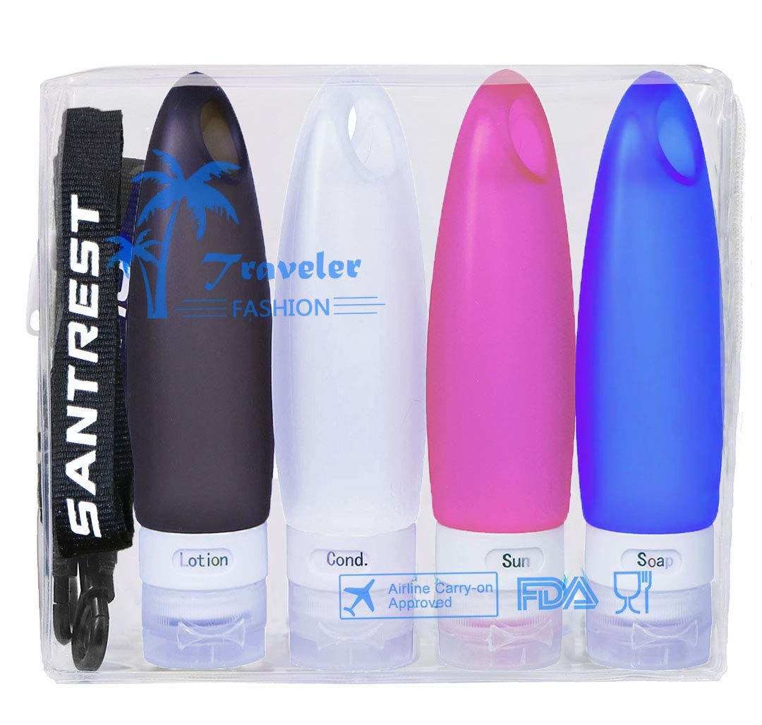 SANTREST Leak Proof Travel Bottles - Refillable Travel Containers with Shower Lanyard,3.3oz TSA Approved Squeezable Silicone Travel Tube Set for Gym Shampoo Lotion Soap(4 Pack Multi): Beauty