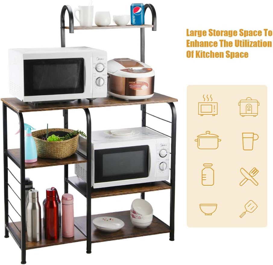 VANSPACE Indusrial Kitchen Baker's Rack Utility Storage Shelf Microwave Stand 4-Tier + 3-Tier Kitchen Storage Cart Table for Spice Rack Organizer Workstation with 5 Hooks - 35.5" Vintage Brown - Standing Baker's Racks