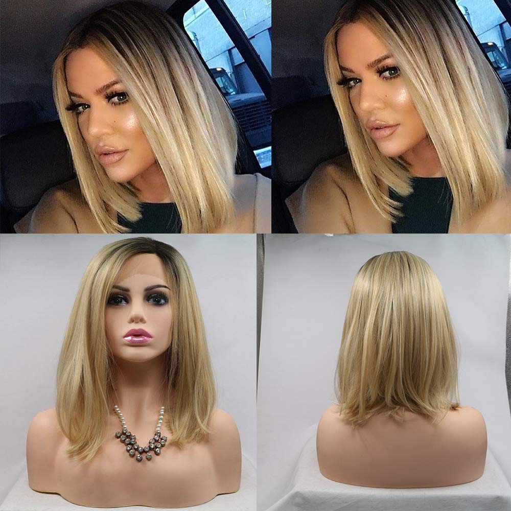 Xiweiya Short Blonde 13 * 4 Lace Front Wigs with Dark Roots Short Blonde Golden Bob Soft Wig Heat Resistant Fiber Hair Replacement Wig Women Drag Queen Makeup 14inch