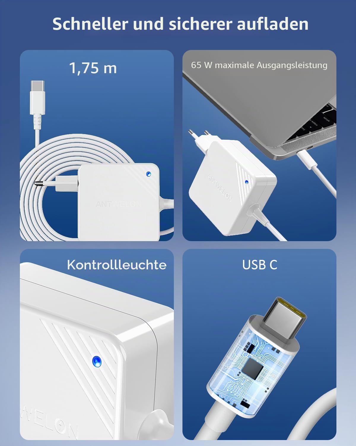 ANTWELON 65W USB C Netzteil Laptop Ladekabel für Lenovo Thinkpad Yoga, Asus, MacBook Pro, Dell Latitude Inspiron,HP Spectre, Acer Chromebook Matebook Wallplug 20V 3,25A TYPEC Ladegerät 4