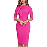 MUXXN Women's Midi Pencil 1950s Vintage Cocktail 3/4 Sleeve Tie Neck Bodycon Mid-Calf Dress with Pockets