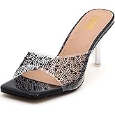 NVBUKE Women's Rhinestone Stiletto Sandals Elegant Square Open Toe Backless Slip-On High Heel Dress Sides Shoes with Clear Rhinestone Design for Evening Party and Wedding Events