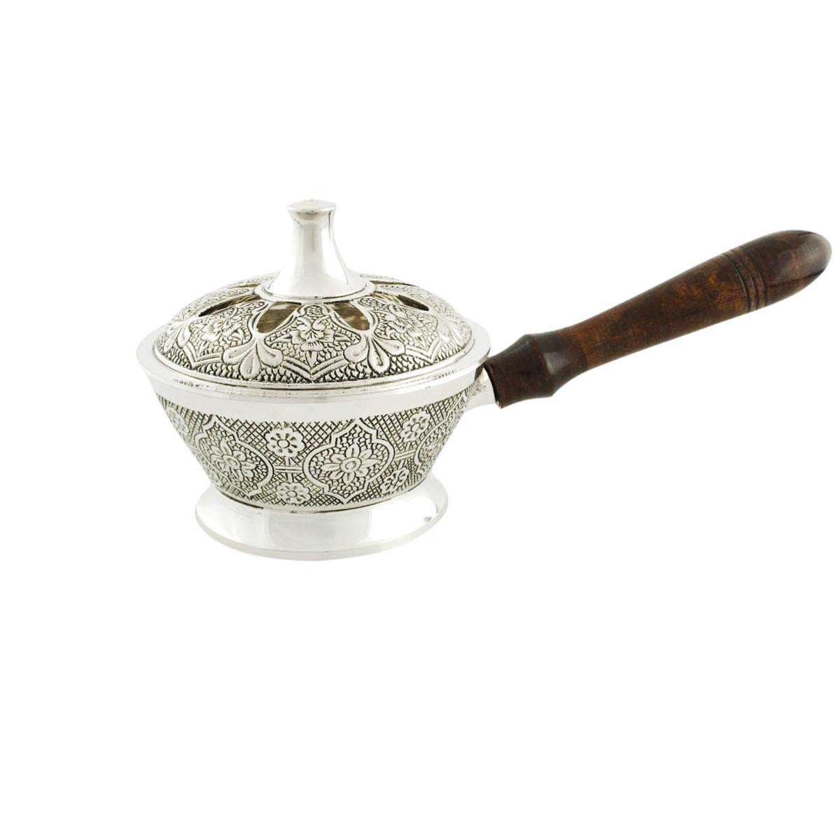 NKLaus Incense Pan with Wooden Handle Brass Nickel Plated Patterned Antique Incense Pan for Incense Operating Mode Incense on Sand 2183