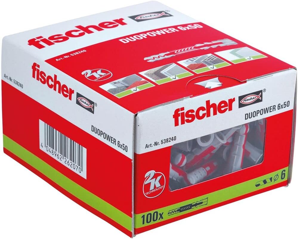 fischer Duopower Wall Plugs 6 x 50mm Red/Gray for Multiple Materials