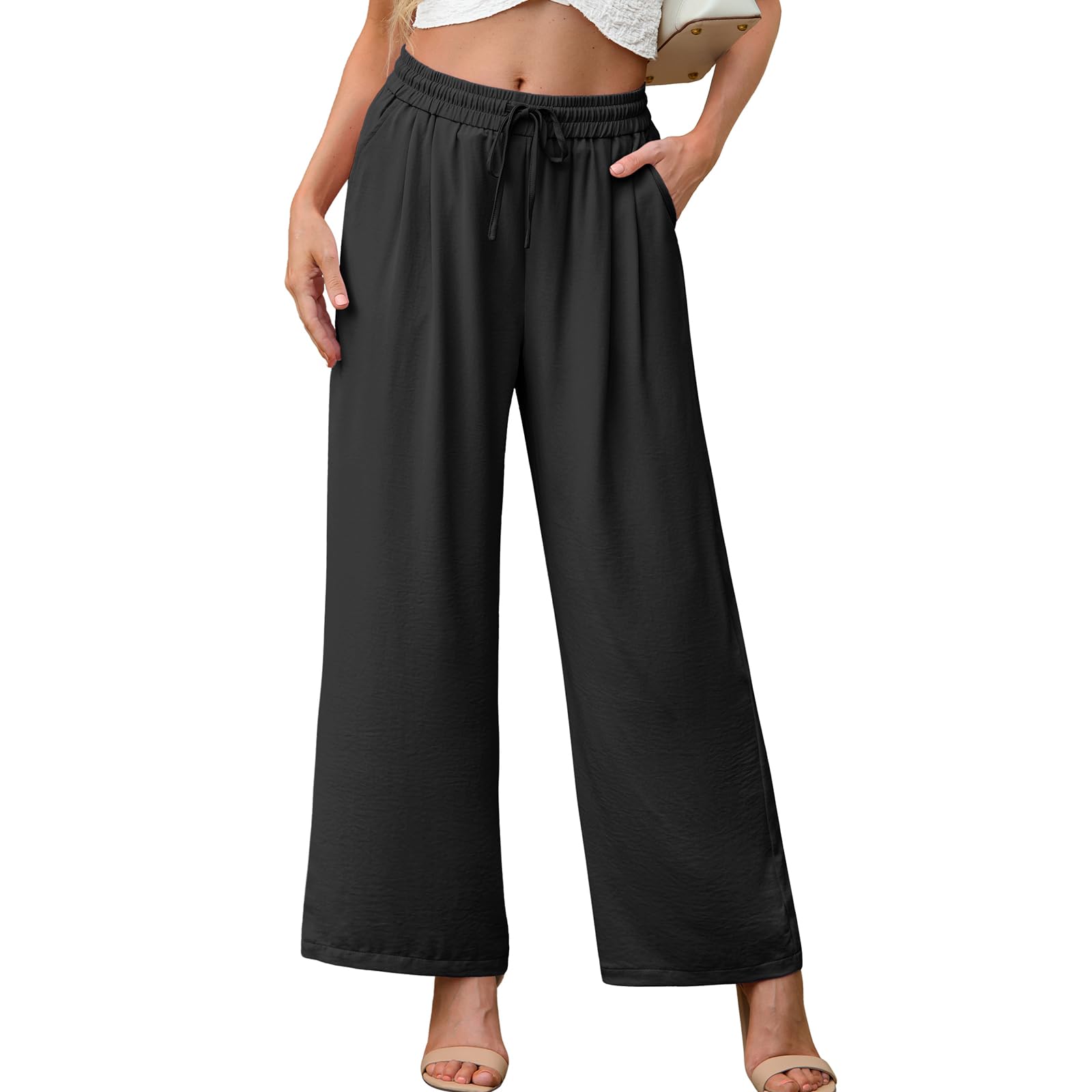 Photo 1 of FREEOAK Women's Casual Summer Pants Loose Fit Lightweight Lounge Pant Elastic Waisted Drawstring Tie Knot Trousers with Side Pockets Black Medium