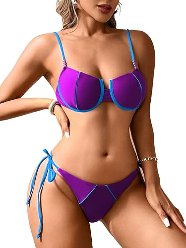 Kaei&Shi Sexy Thong Bikini Sets for Women,2 Piece Underwire Swimsuit,Side  Tie Two Piece Bathing Suit Purple Sky Blue Large in Oman Whizz Sets