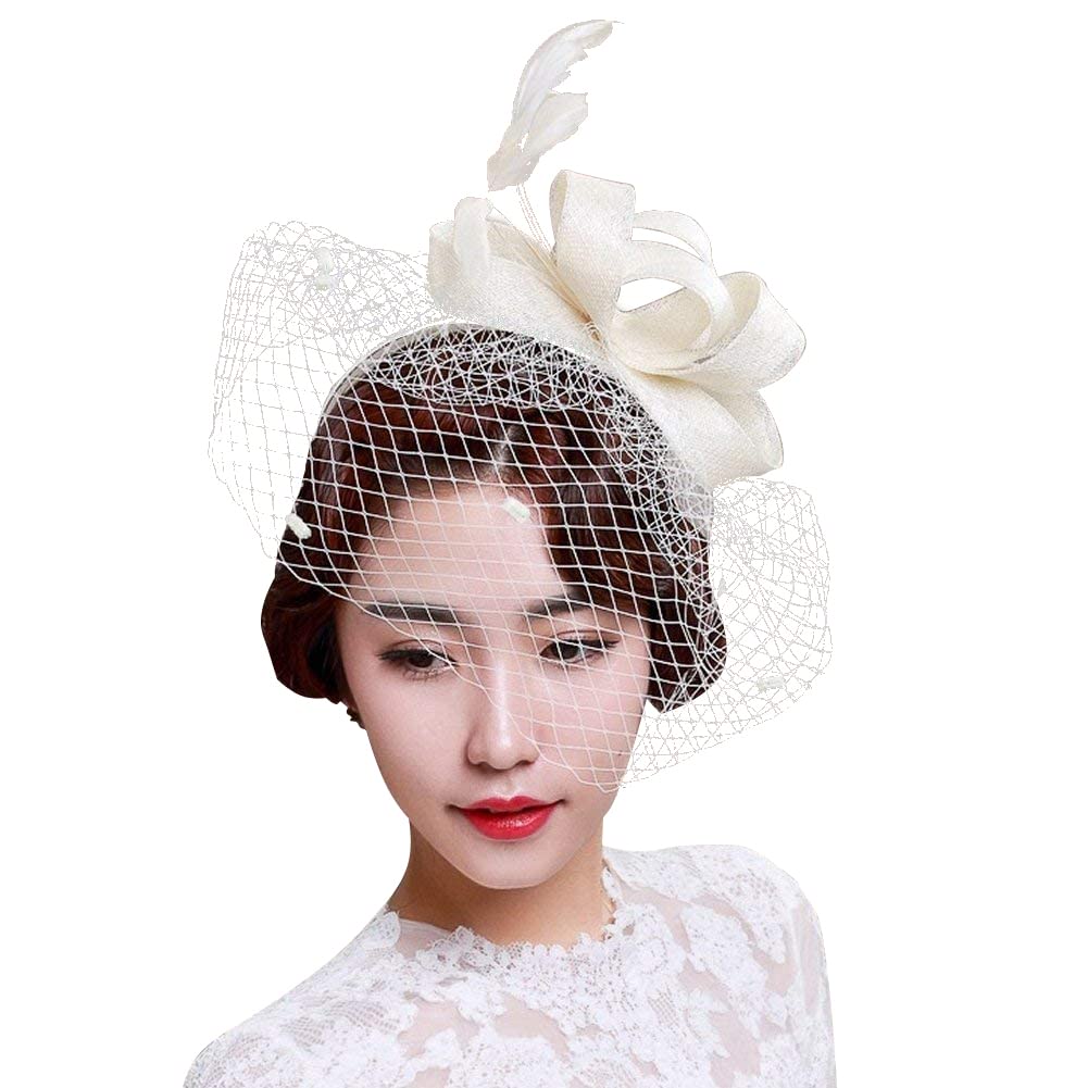 Women Ladies Feather Fascinator Hat with Veil Party Hat Wedding Bridal Hair Accessories Handmade Flower Bowler Pillbox Hat Top Hat Dot Mesh Net Veil with Hair Loop Race Hat for Evening Prom Beige — image 1