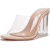 Cape Robbin Women's Clear Chunky Heels Slip On Open Toe with Transparent Upper, 3.5 Inch Lucite Block Heel & Leather Insole Platform Wedges (Fusion.A)