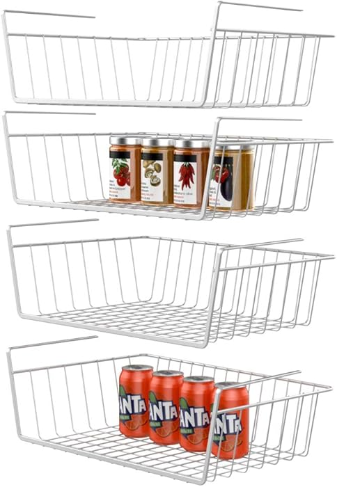 GSlife Under Shelf Basket, 4 Packs Under Shelf Wire Basket Stable Under Cabinet Basket Wire Storage Basket for Kitchen Office Pantry Bathroom, White
