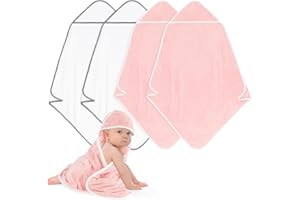 UNIMADE Hooded Towel for Newborn, 4 Pack Soft Coral Fleece Baby Towels, Ultra Absorbent Bath Cloths Bulk for Infants, Toddlers, Newborn Essential- 30 x 30 inch - Pink & White