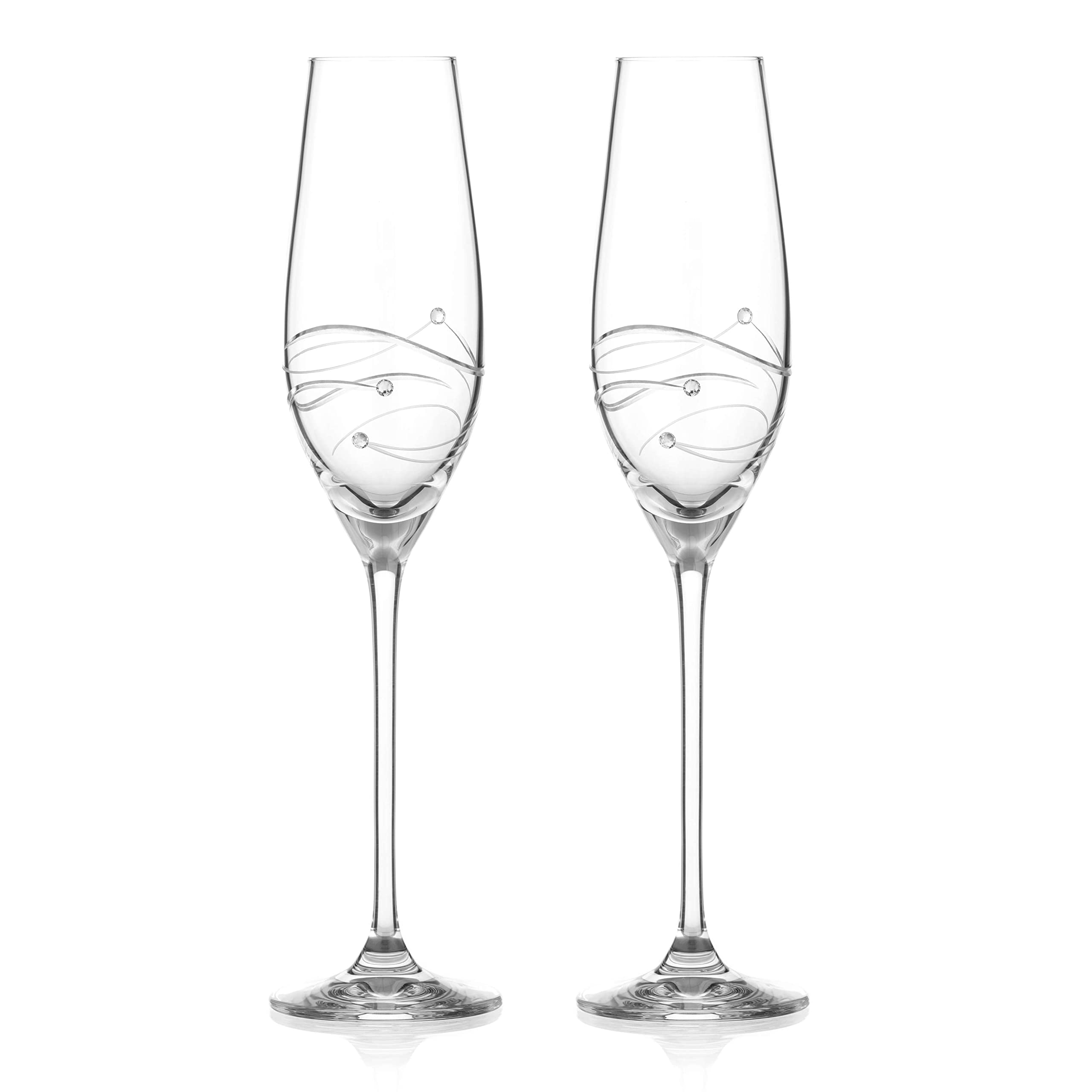 DIAMANTE Set of 2 Swarovski Champagne Flutes Prosecco Glasses Pair with ‘Spiral’ Hand Cut Design Embellished with Swarovski Crystals