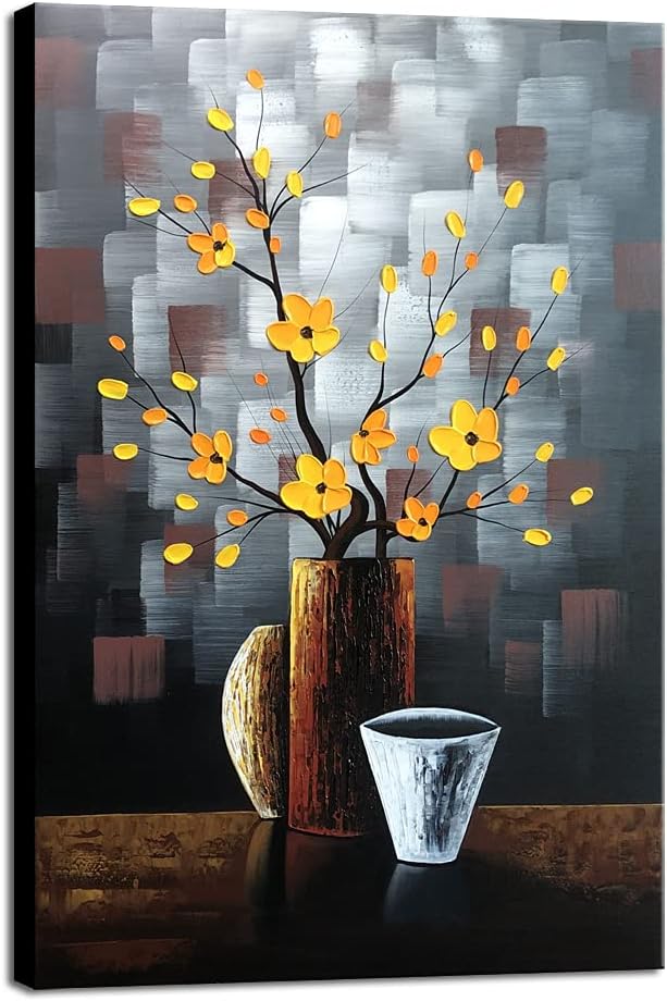 Paintings - Wieco Art Silent Beauty Modern Abstract Flower Oil Paintings on Canvas Wall Art for Bedroom Living Room Wall Decorations Home Decor 100% Hand Painted Stretched and framed Contemporary Floral Artwork