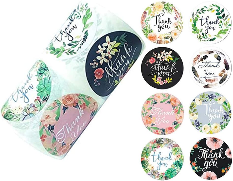 2 Inch Round Floral Thank You Stickers with 8 Colors, Classy Retro Sticker for Bags, Boxes, Tissue, Canning, Ideal for Crafters & Online Sales, 500 Labels Per Roll