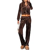 yidengymx 2 Piece Velour Tracksuit for Women, Womens Velvet Long Sleeve Zipper-Up Hoodie Cargo Pants Outfits with Pockets