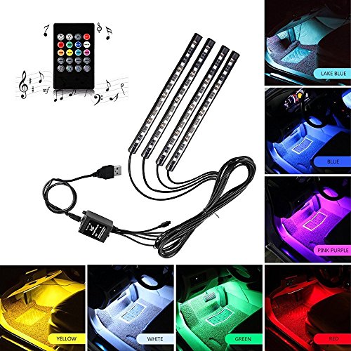 Car LED Strip Light, Multicolor Music Car Interior Lights RGB Under Dash Decorative Lighting Waterproof Kit with Sound Active Function and Wireless Remote Control 4pcs 48LED, DC 12V (USB Port)