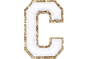 WISH YOUNG 3Pcs Chenille Letter Patches Iron on Patches Glitter Varsity Letter Patches Embroidered Patch Gold Border Sew On Patches for Clothing Hat Shirt Bag (White, C)