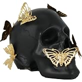 JOOMBE Black Skull Statue Gothic Figurine for Home Halloween Decor（Small） | Gothic Black Skull Figurine Gold Butterfly Detail, Resin Skulls Decor for Home Table Shelf Decoration and Skull Lover Gifts