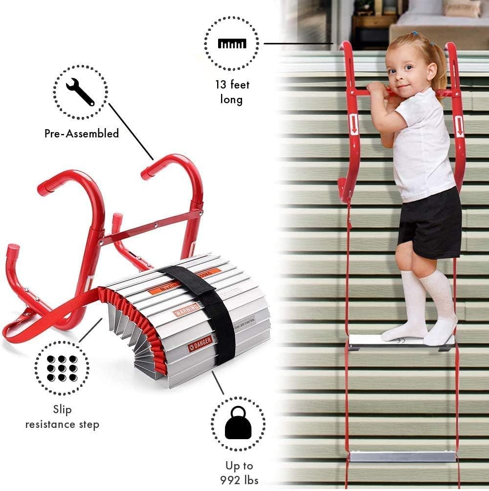 13 Feet Retractable Fire Escape Ladder - Portable Two-Story Emergency Kiddie Safety Window Ladder with Wide Steps, Center Support, & Anti-Slip Rungs: Kitchen & Dining