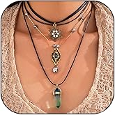 EDWTG Layered Boho Necklace for Women Hippie Crystal Sun Moon Pendant Necklace Boho Jewelry