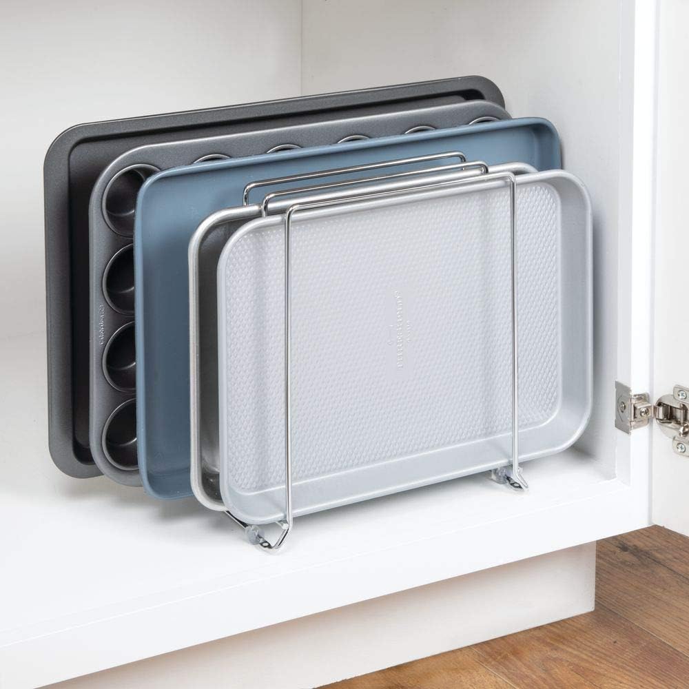 mDesign Large Metal Wire Organizer Rack for Kitchen Cabinet, Pantry, Shelves - Organizer Holder with 5 Slots for Skillets, Frying Pans, Lids, Cutting Boards, Vertical or Horizontal Placement - Chrome: Kitchen & Dining