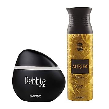 Maryaj Pebble Style Eau De Parfum Spicy Woody Perfume 100ml for Men and Ajmal Aurum Femme Deodorant Fruity Floral Fragrance 200ml for Women + 2 Parfum Testers FREE